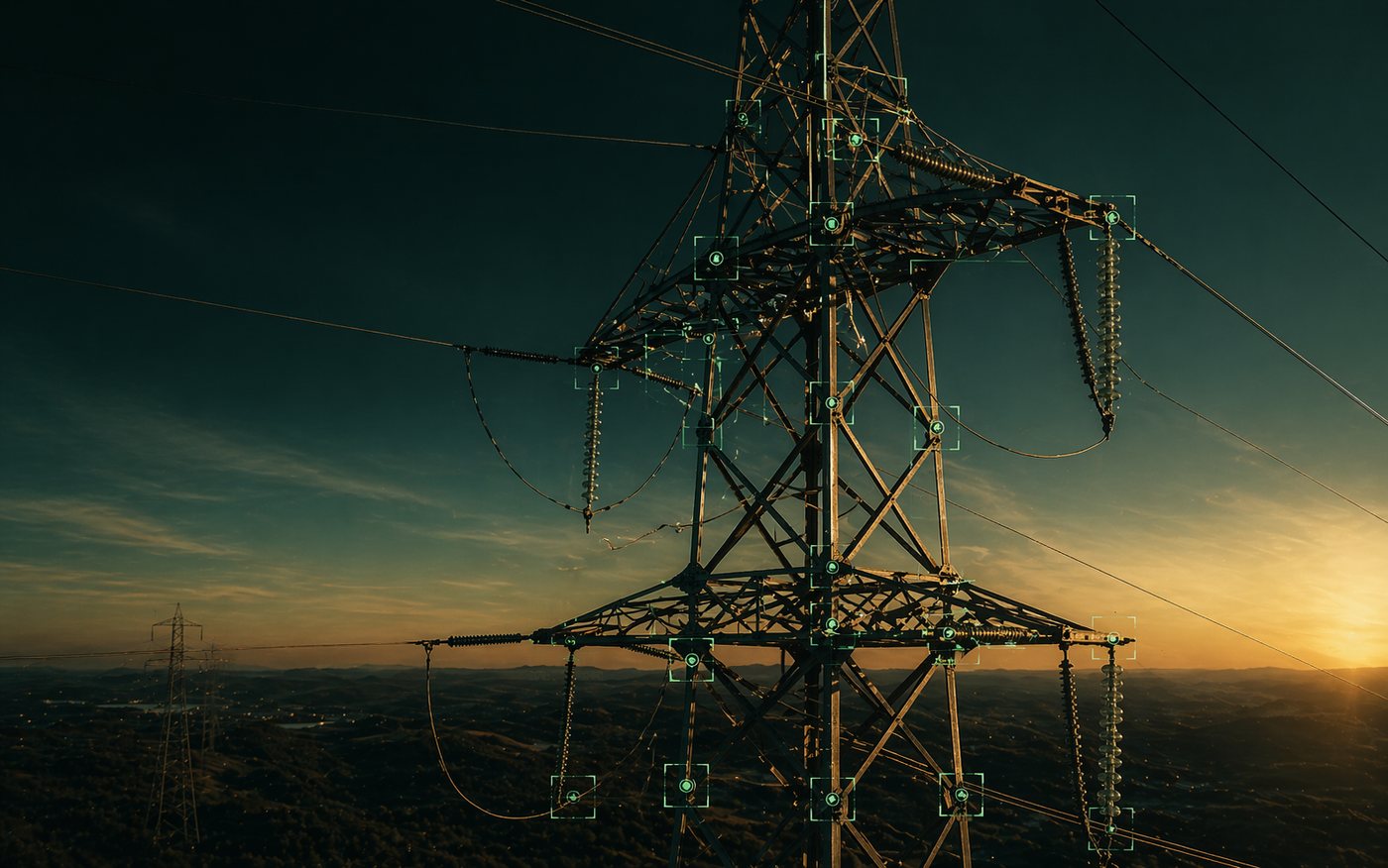 Transmission tower inspection at golden hour
